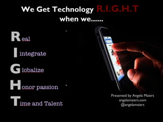 We Get Technology R.I.G.H.T
        when we......




                    Presented by Angela Maiers
                         angelamaiers.com
                          @angelamaiers
 