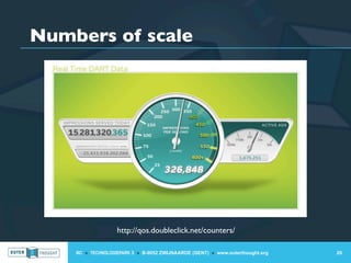 Numbers of scale




                   http://qos.doubleclick.net/counters/

    IIC » TECHNOLOGIEPARK 3 » B-9052 ZWIJNAARDE (GENT) » www.outerthought.org   20
 