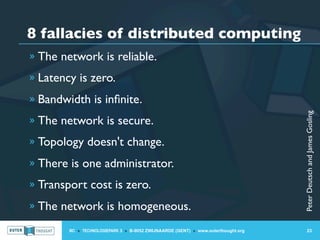 8 fallacies of distributed computing
» The network is reliable.

» Latency is zero.

» Bandwidth is inﬁnite.




                                                                                    Peter Deutsch and James Gosling
» The network is secure.

» Topology doesn't change.

» There is one administrator.

» Transport cost is zero.

» The network is homogeneous.

        IIC » TECHNOLOGIEPARK 3 » B-9052 ZWIJNAARDE (GENT) » www.outerthought.org         23
 