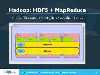Hadoop: HDFS + MapReduce
» single ﬁlesystem + single execution-space




       IIC » TECHNOLOGIEPARK 3 » B-9052 ZWIJNAARDE (GENT) » www.outerthought.org   53
 