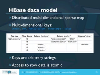 HBase data model
» Distributed multi-dimensional sparse map

» Multi-dimensional keys:
 (table, row, family:column, timestamp) → value




» Keys are arbitrary strings

» Access to row data is atomic
        IIC » TECHNOLOGIEPARK 3 » B-9052 ZWIJNAARDE (GENT) » www.outerthought.org   76
 