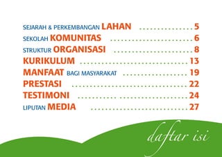 SEJARAH & PERKEMBANGAN LAHAN                      ...............5
SEKOLAH KOMUNITAS                    .......................6
STRUKTUR ORGANISASI                    ......................8
KURIKULUM . . . . . . . . . . . . . . . . . . . . . . . . . . . . . . 13
MANFAAT BAGI MASYARAKAT . . . . . . . . . . . . . . . . . . 19
PRESTASI . . . . . . . . . . . . . . . . . . . . . . . . . . . . . . . . 22
TESTIMONI . . . . . . . . . . . . . . . . . . . . . . . . . . . . . . 24
LIPUTAN MEDIA       . . . . . . . . . . . . . . . . . . . . . . . . . . . 27



                                                     daftar isi
 