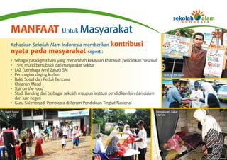 MANFAAT Untuk Masyarakat                                                                                  23
    Kehadiran Sekolah Alam Indonesia memberikan kontribusi
    nyata pada masyarakat seperti:
    • Sebagai paradigma baru yang menambah kekayaan khazanah pendidikan nasional
    • 15% murid bersubsidi dari masyarakat sekitar
    • LAZ (Lembaga Amil Zakat) SAI
    • Pembagian daging kurban                                                            Ta’jil on the Road
    • Bakti Sosial dan Peduli Bencana
    • Khitanan Masal
    • Tajil on the road
    • Studi Banding dari berbagai sekolah maupun institusi pendidikan lain dari dalam
      dan luar negeri
    • Guru SAI menjadi Pembicara di Forum Pendidikan Tingkat Nasional

Bakti Sosial                                                                        Penyaluran Zakat
                                                                                    LAZ SAI
 