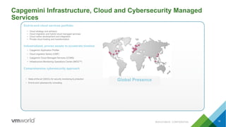 Capgemini Infrastructure, Cloud and Cybersecurity Managed
Services
18
End-to-end cloud services portfolio
• Cloud strategy and advisory
• Cloud migration and hybrid cloud managed services
• Cloud native development and integration
• Private cloud hosting and transformation
Industrialized, proven assets to accelerate timeline
• Capgemini Application Profiler
• Cloud migration factory (CMF)
• Capgemini Cloud Managed Services (CCMS)
• Infrastructure Monitoring Operations Center (IMOCTM)
Comprehensive cybersecurity approach
Global Presence• State-of-the-art GSOCs for security monitoring & protection
• End-to-end cybersecurity consulting
#SAI3316BUS CONFIDENTIAL
 