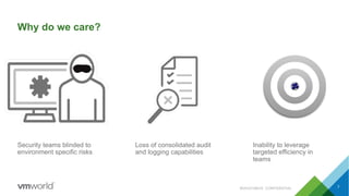Why do we care?
Security teams blinded to
environment specific risks
7
Loss of consolidated audit
and logging capabilities
Inability to leverage
targeted efficiency in
teams
#SAI3316BUS CONFIDENTIAL
 