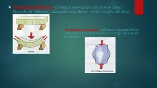  Fuerza de Flexión: Las fuerzas externas actúan sobre el cuerpo
tratando de “doblarlo”, alargando unas fibras internas y acortando otras.
Fuerzas de compresión: La Fuerza aplicada intenta
comprimir o acotar al material a lo largo de su línea
de acción.
 