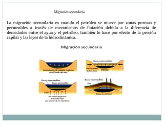 Migración secundaria
La migración secundaria es cuando el petróleo se mueve por zonas porosas y
permeables a través de mecanismos de flotación debido a la diferencia de
densidades entre el agua y el petróleo, también lo hace por efecto de la presión
capilar y las leyes de la hidrodinámica.
 