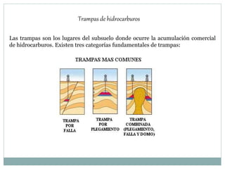 Trampas de hidrocarburos
Las trampas son los lugares del subsuelo donde ocurre la acumulación comercial
de hidrocarburos. Existen tres categorías fundamentales de trampas:
 