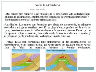 Trampas de hidrocarburos
Trampas estructurales
Estas son las más comunes y son el resultado de la tectónica y de los factores que
originan la acumulación. Existen muchas variedades de trampas estructurales y
combinaciones de estas, pero las principales son:
-Anticlinales: Los cuales son formados por efecto de compresión, usualmente
asociadas a márgenes continentales. Estos plegamientos pueden ser de muchos
tipos, pero frecuentemente están asociados a fallamiento inverso. Estos tipo de
trampas estructurales son muy frecuentemente bien observados en la sísmica y
su extensión puede ser desde metros hasta algunos kilómetros.
-
- Fallas: Estas son estructuras muy importantes en las acumulaciones de
hidrocarburos, estas tienden a sellar los yacimientos. En realidad existen varios
tipos de fallas: las normales, inversas y Rumbo deslizantes.
 
