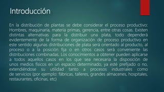 Introducción
En la distribución de plantas se debe considerar el proceso productivo:
Hombres, maquinaria, materia primas, gerencia, entre otras cosas. Existen
distintas alternativas para la distribuir una plata, todo dependerá
evidentemente de la forma de organización de proceso productivo en
este sentido algunas distribuciones de plata será orientado al producto, al
proceso o a la posición fija o en otros casos será conveniente las
distribuciones combinadas. Los conocimientos a obtener pueden aplicarse
a todos aquellos casos en los que sea necesaria la disposición de
unos medios físicos en un espacio determinado, ya esté prefijado o no,
extendiéndose su utilidad tanto a procesos industriales como
de servicios (por ejemplo: fábricas, talleres, grandes almacenes, hospitales,
restaurantes, oficinas, etc)
 