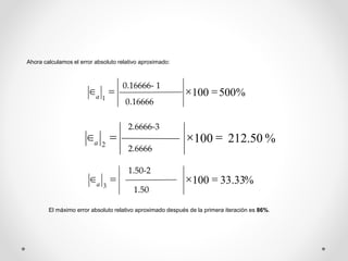 Ahora calculamos el error absoluto relativo aproximado: 
    
100 500% 
1 
a 
0.16666- 1 
0.16666 
    a 
100 212.50% 
2 
2.6666-3 
2.6666 
    
100 33.33% 
3 
a 
1.50-2 
1.50 
El máximo error absoluto relativo aproximado después de la primera iteración es 86%. 
 