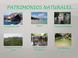 PATRIMONIOS NATURALES.



La Cueva del Indio.       Playas.      Cataratas de Hueque.




Refugio de Fauna de   Aguas termales      Pozo Manaure.
       Cuare.           de Cardón.
 