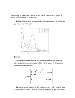 Tiempo- falla, ó bien puede iindicar la vida útil de cierto artículo, planta o
animal, confiabilidad de un componente.
Gráficas Obsérvense a continuación las gráficas de algunas de las formas
que adquiere la distribución.
Ejercicio
Se trata de un modelo continuo asociado a variables del tipo tiempo de
vida, tiempo hasta que un mecanismo falla, etc. La función de densidad de
este modelo viene dada por:
Que, como vemos, depende de dos parámetros: α > 0 y β > 0, donde α es
un parámetro de escala y β es un parámetro de forma (lo que proporciona
 