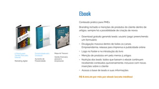 Ebook
Conteúdo prático para PMEs - Branding nichado e menções de
produtos do cliente dentro de artigos
Criação de E-books sob demanda *
* Preços variam de acordo com o tema, tamanho e direitos de distribuição
R$ 8.000,00 por mês por ebook
•	 Download gratuito gerando leads: usuário ‘paga’ preenchendo
um formulário
•	 Divulgação massiva dentro de todos os canais
Empreendemia, release para imprensa e publicidade online
•	 Logo no footer e na introdução do livro
•	 Menção de produtos em pelo menos 5 artigos
•	 Nutrição dos leads: todos que baixam o ebook continuam
recebendo conteúdos quinzenalmente, inclusive com novas
inserções sobre o cliente
•	 Acesso à base de leads e suas informações
6 Passos para Vender
Mais pela Internet
Desenvolvimento
de Produtos Sem
Enrolação
Produtividade sem
Enrolação
Mapa do Tesouro
Gestão financeira
pessoal e empresarial
 