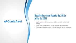 Resultados de 1 ano de campanha
•	 12,98% de conversão leads/visitas vs. 8,1% da média do site (60%
melhor)
•	 41% de leads qualificados vs. 33% da média do site (24% melhor)
•	 5,3% leads qualificados/visitas x 2,7% da média do site (96,3% melhor)
 