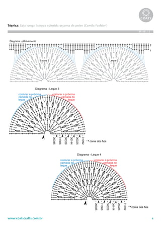 4www.coatscrafts.com.br
Técnica: Saia longa listrada colorida escama de peixe (Camila Fashion)
BR 481.12
-00385
-01366
-00328
-00144
-00025
-01092
cores dos fios
Diagrama - Alinhamento
1
2
Leque 2 Leque 2
-00385
-01366
-00328
-00144
-00025
-01092
cores dos fios
Diagrama - Leque 3
costurar a próxima
camada de
leque
costurar a próxima
camada de
leque
Diagram
costurar a próxima
camada de
leque
- p.a.
- início
- final
- 3 p.a. laçando a mes
- picô
385
366
328
144
025
092
cores dos fios
Diagrama - Alinhamento
1
2
Leque 2 Leque 2
-00385
-01366
-00328
-00144
-00025
-01092
cores dos fios
Diagrama - Leque 3
costurar a próxima
camada de
leque
costurar a próxima
camada de
leque
costurar a pró
camada de
leque
- final
0385
1366
0328
0144
0025
1092
cores dos fios
cores dos fios
1
2
Leque 2
cores dos fios
-00385
-01366
-00328
-00144
-00025
-01092
cores dos fios
Diagrama - Leque 4
costurar a próxima
camada de
leque
costurar a próxima
camada de
leque
Legenda
- corr.
- p.bx.
- p.b.
- p.a.
- início
- final
- 3 p.a. laçando a mesma base e fechados juntos
- m.p.a.
- picô
 