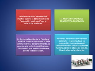 La influencia de la "modernidad"
muchos autores la denominan como
"educación tradicional" por la
"educación moderna".
EL MODELO PEDAGOGICO
CONDUCTISTA-POSITIVISTA
Es dentro del ámbito de la Psicología
Científica, donde a consecuencia de la
visión positivista del conocimiento, se
generan una serie de modificaciones
sustanciales que inciden de manera
directa en la Educación.
Partiendo de la teoría denominada
estímulo – respuesta, tuvo su
repercusión en otras áreas del
conocimiento que tenían la conducta
humana, como su objeto de estudio.
Una de ellas, es la educación
 