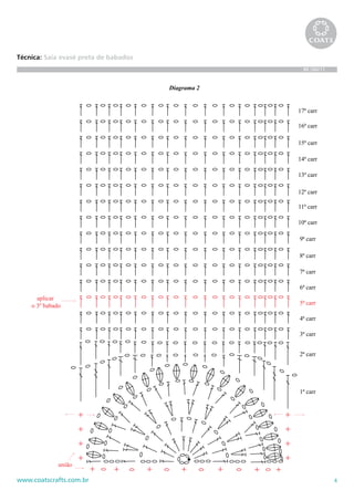 4www.coatscrafts.com.br
Técnica: Saia evasê preta de babados
BR 586/11
Diagrama 2
união
1ª carr
2ª carr
3ª carr
4ª carr
5ª carr
6ª carr
7ª carr
8ª carr
9ª carr
10ª carr
11ª carr
12ª carr
13ª carr
14ª carr
15ª carr
16ª carr
17ª carr
aplicar
o 3º babado
 