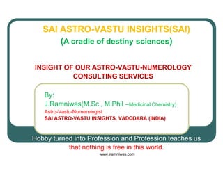 SAI ASTRO-VASTU INSIGHTS(SAI)
       ASTRO-
       (A cradle of destiny sciences)

INSIGHT OF OUR ASTRO-VASTU-NUMEROLOGY
          CONSULTING SERVICES

   By:
   J.Ramniwas(M.Sc , M.Phil –Medicinal Chemistry)
   Astro-Vastu-Numerologist
   SAI ASTRO-VASTU INSIGHTS, VADODARA (INDIA)



Hobby turned into Profession and Profession teaches us
           that nothing is free in this world.
                      www.jramniwas.com
 