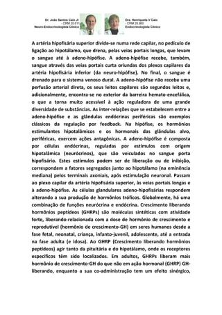 A artéria hipofisária superior divide-se numa rede capilar, no pedículo de
ligação ao hipotálamo, que drena, pelas veias portais longas, que levam
o sangue até à adeno-hipófise. A adeno-hipófise recebe, também,
sangue através das veias portais curta oriundas dos plexos capilares da
artéria hipofisária inferior (da neuro-hipófise). No final, o sangue é
drenado para o sistema venoso dural. A adeno-hipófise não recebe uma
perfusão arterial direta, os seus leitos capilares são segundos leitos e,
adicionalmente, encontra-se no exterior da barreira hemato-encefálica,
o que a torna muito acessível à ação reguladora de uma grande
diversidade de substâncias. As inter-relações que se estabelecem entre a
adeno-hipófise e as glândulas endócrinas periféricas são exemplos
clássicos da regulação por feedback. Na hipófise, os hormônios
estimulantes hipotalâmicos e os hormonais das glândulas alvo,
periféricas, exercem ações antagônicas. A adeno-hipófise é composta
por células endócrinas, reguladas por estímulos com origem
hipotalâmica (neurócrinos), que são veiculados no sangue porta
hipofisário. Estes estímulos podem ser de liberação ou de inibição,
correspondem a fatores segregados junto ao hipotálamo (na eminência
mediana) pelos terminais axoniais, após estimulação neuronal. Passam
ao plexo capilar da artéria hipofisária superior, às veias portais longas e
à adeno-hipófise. As células glandulares adeno-hipofisárias respondem
alterando a sua produção de hormônios tróficos. Globalmente, há uma
combinação de funções neurócrina e endócrina. Crescimento liberando
hormônios peptídeos (GHRPs) são moléculas sintéticas com atividade
forte, liberando-relacionada com a dose de hormônio de crescimento e
reprodutível (hormônio de crescimento-GH) em seres humanos desde a
fase fetal, neonatal, criança, infanto-juvenil, adolescente, até a entrada
na fase adulta (e idosa). Ao GHRP (Crescimento liberando hormônios
peptídeos) agir tanto da pituitária e do hipotálamo, onde os receptores
específicos têm sido localizados. Em adultos, GHRPs liberam mais
hormônio de crescimento-GH do que não em ação hormonal (GHRP) GH-
liberando, enquanto a sua co-administração tem um efeito sinérgico,
 