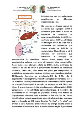indicando que eles têm, pelo menos
parcialmente, os diferentes
mecanismos de ação.
No entanto, a atividade normal de
neurônios que segregam GHRH é
necessária para obter o efeito de
libertação de hormônio de
crescimento-GH cheio de GHRP. Em
contraste com o GHRH, a atividade
de liberação de GH do GHRP não é
aumentada por substâncias que
atuam através da inibição da
somatostatina hipotalâmica, e só é
atenuada por substâncias que
estimulam a liberação de
somatostatina do hipotálamo. Mesmo ácidos graxos livres e
somatostatina exógena, que agem diretamente sobre somatotrófos,
fazem mais do que atenuar o efeito de GHRPs. Assim, a atividade de
liberação de GH de GHRP é parcialmente refratária às influências
inibidoras, GHRP atua, pelo menos em parte, por antagonismo da
atividade de somatostatina, tanto na pituitária e no hipotálamo. O efeito
GH-liberação (hormônio de crescimento-GH) de GHRPs não é
dependente de sexo (gênero), mas sofre variações relacionadas à idade.
Os esteróides sexuais parecem influenciar a atividade de GHRPs apenas
na criança,infanto-juvenil. A redução da resposta ao GH GHRPs em
idosos é, provavelmente, devida, principalmente, à hipoatividade GHRH
concomitante e hiperatividade somatostatinérgica. O hormônio do
crescimento-GH de liberação de peptídeos (GHRP), uma família de
oligopeptídeos sintéticos que estimulam a liberação de GH, foram
identificados a mais de uma década atrás. Os efeitos de tais peptídeos
sobre a liberação de GH foram descritas “in vivo” e “in vitro”, em
animais e seres humanos, principalmente na criança, infanto-juvenil e
adolescente usando várias doses e vias de administração. É geralmente
 