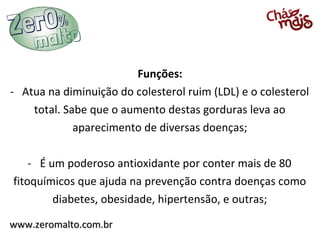 Funções:
- Atua na diminuição do colesterol ruim (LDL) e o colesterol
    total. Sabe que o aumento destas gorduras leva ao
             aparecimento de diversas doenças;

    - É um poderoso antioxidante por conter mais de 80
fitoquímicos que ajuda na prevenção contra doenças como
         diabetes, obesidade, hipertensão, e outras;

www.zeromalto.com.br
 
