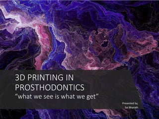 Presented by,
Sai Bharath
3D PRINTING IN
PROSTHODONTICS
“what we see is what we get”
 