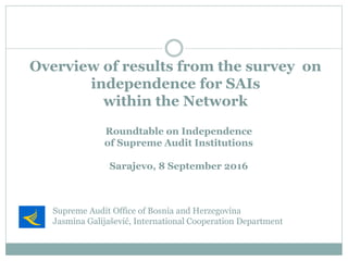 Overview of results from the survey on
independence for SAIs
within the Network
Roundtable on Independence
of Supreme Audit Institutions
Sarajevo, 8 September 2016
Supreme Audit Office of Bosnia and Herzegovina
Jasmina Galijašević, International Cooperation Department
 