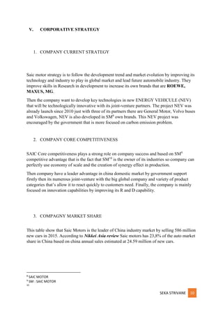 SEKA STRIVANE 10
V. CORPORATIVE STRATEGY
1. COMPANY CURRENT STRATEGY
Saic motor strategy is to follow the development trend and market evolution by improving its
technology and industry to play in global market and lead future automobile industry. They
improve skills in Research in development to increase its own brands that are ROEWE,
MAXUS, MG.
Then the company want to develop key technologies in new ENERGY VEHICULE (NEV)
that will be technologically innovative with its joint-venture partners. The project NEV was
already launch since 2010 just with three of its partners there are General Motor, Volvo buses
and Volkswagen, NEV is also developed in SM8
own brands. This NEV project was
encouraged by the government that is more focused on carbon emission problem.
2. COMPANY CORE COMPETITIVENESS
SAIC Core competitiveness plays a strong role on company success and based on SM9
competitive advantage that is the fact that SM10
is the owner of its industries so company can
perfectly use economy of scale and the creation of synergy effect in production.
Then company have a leader advantage in china domestic market by government support
firstly then its numerous joint-venture with the big global company and variety of product
categories that’s allow it to react quickly to customers need. Finally, the company is mainly
focused on innovation capabilities by improving its R and D capability.
3. COMPAGNY MARKET SHARE
This table show that Saic Motors is the leader of China industry market by selling 586 million
new cars in 2015. According to Nikkei Asia review Saic motors has 23,8% of the auto market
share in China based on china annual sales estimated at 24.59 million of new cars.
8
SAIC MOTOR
9
SM : SAIC MOTOR
10
 