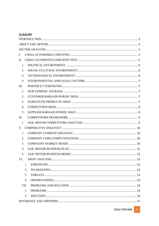 SEKA STRIVANE 2
SUMURY
INTRODUCTION................................................................................................................................... 3
ABOUT SAIC MOTOR.......................................................................................................................... 4
SECTOR ANALYSIS............................................................................................................................. 5
I. CHINA AUTOMOBILE INDUSTRY............................................................................................ 5
II. CHINA AUTOMOTIVE INDUSTRY PEST ................................................................................. 5
1. POLITICAL ENVIRONMENT.................................................................................................. 5
3. SOCIAL-CULTURAL ENVIRONMENT.................................................................................. 6
4. TECHNOLOGICAL ENVIRONMENT..................................................................................... 6
5. ENVIRONMENTAL AND LEGAL FACTORS........................................................................ 7
III. PORTER’S 5 STRENGTHS....................................................................................................... 7
1. NEW COMERS: AVERAGE ..................................................................................................... 7
2. CUSTOMER BARGAIN POWER: HIGH................................................................................. 7
3. SUBSTITUTE PRODUCTS: HIGH........................................................................................... 7
4. COMPETITION HIGH............................................................................................................... 8
5. SUPPLIER BARGAIN POWER: HIGH .................................................................................... 8
IV. COMPETITORS FRAMEWORK .............................................................................................. 9
1. SAIC MOTOR COMPETITORS ANALYSIS........................................................................... 9
V. CORPORATIVE STRATEGY ..................................................................................................... 10
1. COMPANY CURRENT STRATEGY...................................................................................... 10
2. COMPANY CORE COMPETITIVENESS.............................................................................. 10
3. COMPAGNY MARKET SHARE ............................................................................................ 10
4. SAIC MOTOR BUSINESS PLAN ........................................................................................... 11
5. SAIC MOTOR BUSINESS MODEL ....................................................................................... 12
VI. SWOT ANALYSIS................................................................................................................... 13
1. STRENGTHS........................................................................................................................ 13
2. WEAKNESSES..................................................................................................................... 13
3. THREATS............................................................................................................................. 13
4. OPPORTUNITIES ................................................................................................................ 13
VII. PROBLEMS AND SOLUTION ........................................................................................... 14
1. PROBLEMS.......................................................................................................................... 14
2. SOLUTION........................................................................................................................... 14
REFERENCE AND APPENDIX.......................................................................................................... 17
 