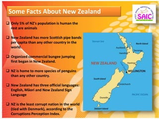 Some Facts About New Zealand
 Only 5% of NZ's population is human the
rest are animals
 New Zealand has more Scottish pipe bands
per capita than any other country in the
world.
 Organized commercial bungee jumping
first began in New Zealand.
 NZ is home to more species of penguins
than any other country.
 New Zealand has three official languages:
English, Māori and New Zealand Sign
Language
 NZ is the least corrupt nation in the world
(tied with Denmark), according to the
Corruptions Perception Index.
 