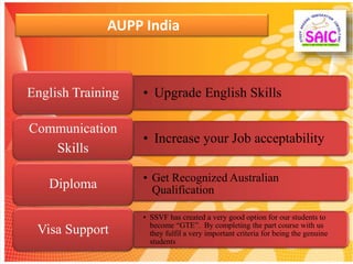 AUPP India
• Upgrade English SkillsEnglish Training
• Increase your Job acceptability
Communication
Skills
• Get Recognized Australian
QualificationDiploma
• SSVF has created a very good option for our students to
become “GTE”. By completing the part course with us
they fulfil a very important criteria for being the genuine
students
Visa Support
 
