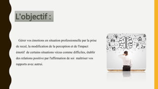 Gérer vos émotions en situation professionnelle par la prise
de recul, la modification de la perception et de l'impact
émotif de certains situations vécus comme difficiles, établir
des relations positive par l'affirmation de soi maîtriser vos
rapports avec autrui.
 