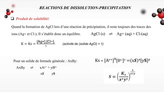 REACTIONS DE DISSOLUTION-PRECIPITATION
Quand la formation de AgCl lors d’une réaction de précipitation, il reste toujours ...