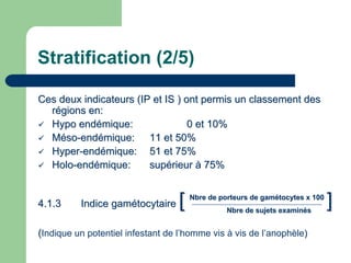 Stratification (2/5)

Ces deux indicateurs (IP et IS ) ont permis un classement des
  régions en:
  Hypo endémique:                 0 et 10%
  Méso-endémique: 11 et 50%
  Hyper-endémique: 51 et 75%
  Holo-endémique:       supérieur à 75%


4.1.3     Indice gamétocytaire     [   Nbre de porteurs de gamétocytes x 100
                                                 Nbre de sujets examinés
                                                                               ]
(Indique un potentiel infestant de l’homme vis à vis de l’anophèle)
 