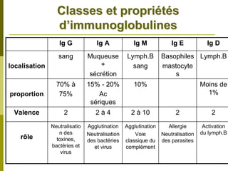 Classes et propriétés
                 d’immunoglobulines
                  Ig G             Ig A            Ig M           Ig E           Ig D
                  sang         Muqueuse         Lymph.B       Basophiles Lymph.B
localisation                       +              sang        mastocyte
                               sécrétion                          s
                 70% à         15% - 20%           10%                         Moins de
proportion        75%              Ac                                            1%
                                sériques
 Valence            2             2à4             2 à 10            2              2

               Neutralisatio   Agglutination    Agglutination   Allergie        Activation
                  n des        Neutralisation       Voie      Neutralisation   du lymph.B
   rôle          toxines,      des bactéries    classique du des parasites
               bactéries et      et virus       complément
                   virus
 