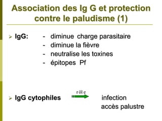 Association des Ig G et protection
    contre le paludisme (1)

IgG:    -   diminue charge parasitaire
        -   diminue la fièvre
        -   neutralise les toxines
        -   épitopes Pf



                    r ôl e
IgG cytophiles               infection
                             accès palustre
 