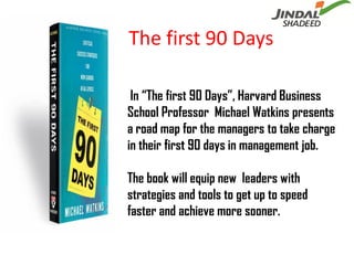 The first 90 Days

 In “The first 90 Days”, Harvard Business
School Professor Michael Watkins presents
a road map for the ...