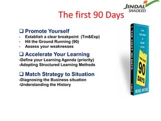 The first 90 Days
 Promote Yourself
-   Establish a clear breakpoint (Tm&Exp)
-   Hit the Ground Running (90)
-   Assess ...