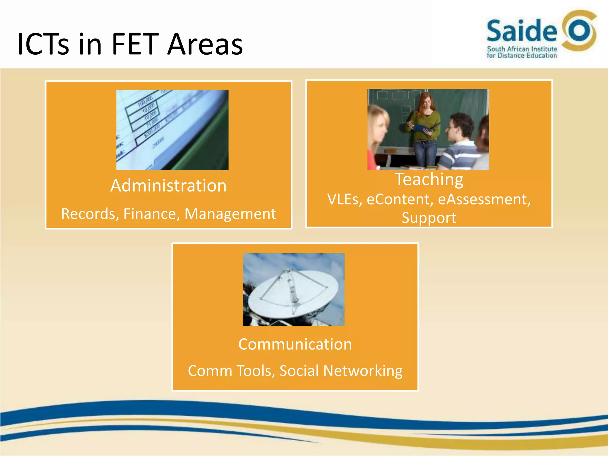 ICTs in FET Areas



         Administration                       Teaching
                                     VLEs, eContent, eAssessment,
   Records, Finance, Management                Support




                        Communication
                   Comm Tools, Social Networking
 