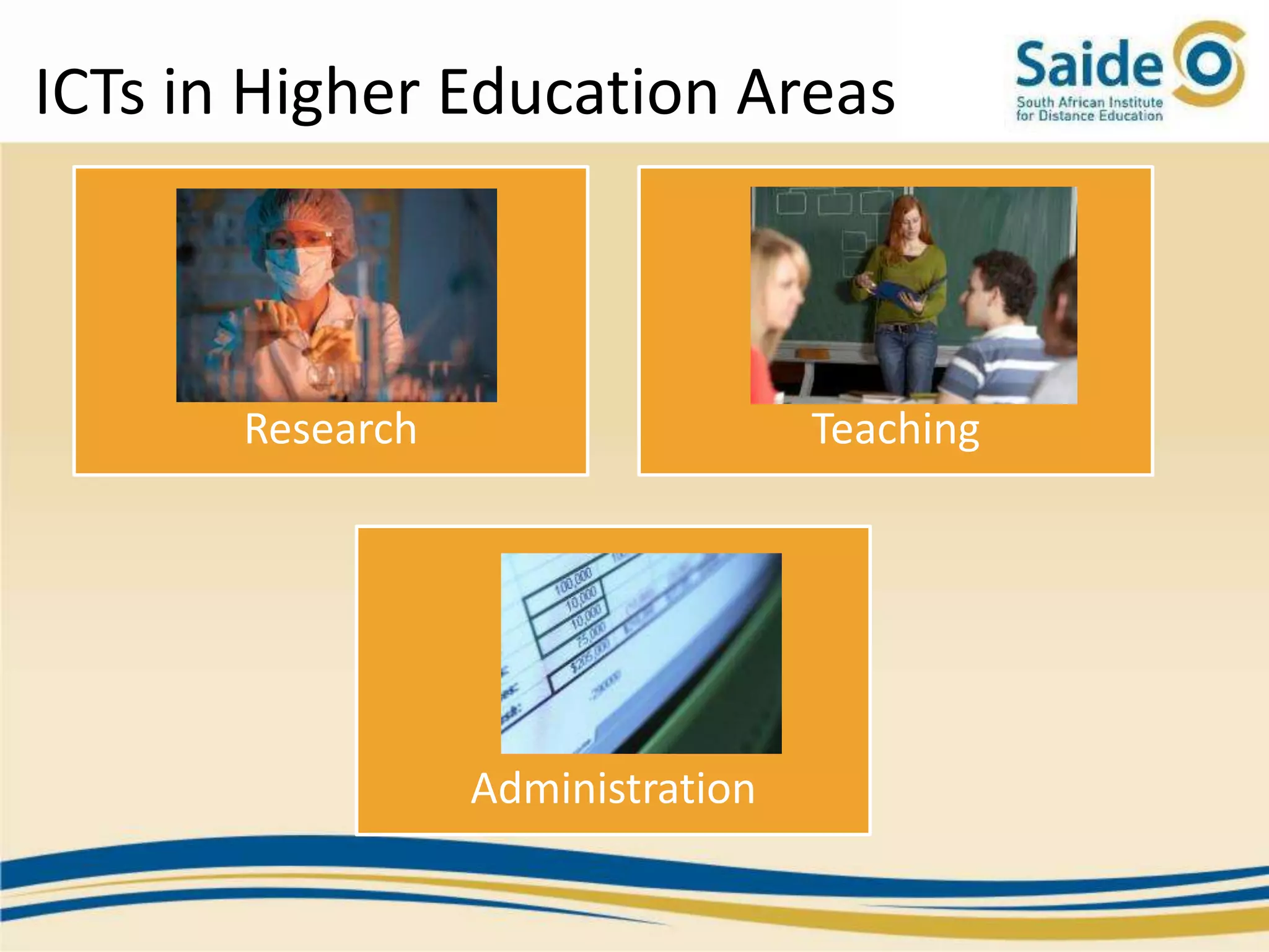 ICTs in Higher Education Areas



       Research                    Teaching




                  Administration
 