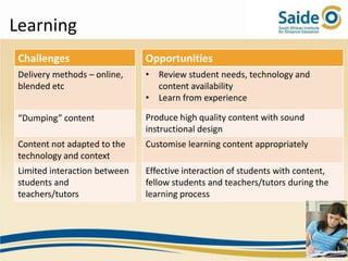 Learning
 Challenges                    Opportunities
 Delivery methods – online,    • Review student needs, technology and
 blended etc                     content availability
                               • Learn from experience

 “Dumping” content             Produce high quality content with sound
                               instructional design
 Content not adapted to the    Customise learning content appropriately
 technology and context
 Limited interaction between   Effective interaction of students with content,
 students and                  fellow students and teachers/tutors during the
 teachers/tutors               learning process
 