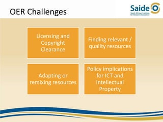 OER Challenges

      Licensing and
                         Finding relevant /
        Copyright
                         quality resources
        Clearance


                         Policy implications
       Adapting or           for ICT and
    remixing resources       Intellectual
                              Property
 