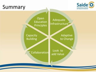 Summary
                 Open         Adequate
               Education
                            Infrastructure
               Principles


          Capacity                  Adaptive
          Building                 to Change


                            Look to
             Collaboration
                           add Value
 