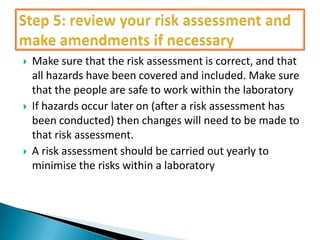 





Make sure that the risk assessment is correct, and that
all hazards have been covered and included. Make sure
that the people are safe to work within the laboratory
If hazards occur later on (after a risk assessment has
been conducted) then changes will need to be made to
that risk assessment.
A risk assessment should be carried out yearly to
minimise the risks within a laboratory

 