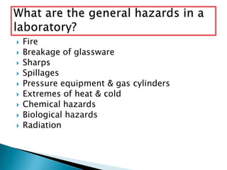 









Fire
Breakage of glassware
Sharps
Spillages
Pressure equipment & gas cylinders
Extremes of heat & cold
Chemical hazards
Biological hazards
Radiation

 