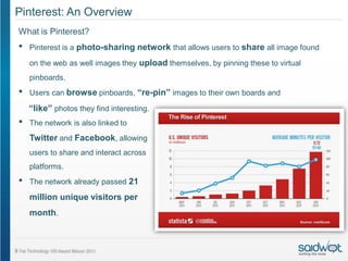 Pinterest: An Overview
What is Pinterest?
•   Pinterest is a photo-sharing network that allows users to share all image found

    on the web as well images they upload themselves, by pinning these to virtual
    pinboards.
•   Users can browse pinboards, “re-pin” images to their own boards and

    “like” photos they find interesting.
•   The network is also linked to
    Twitter and Facebook, allowing
    users to share and interact across
    platforms.
•   The network already passed 21

    million unique visitors per
    month.
 