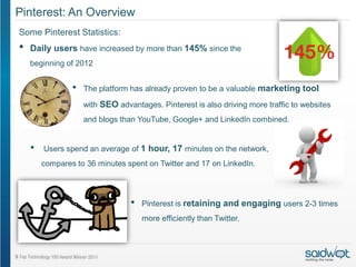 Pinterest: An Overview
Some Pinterest Statistics:
•   Daily users have increased by more than 145% since the
    beginning of 2012


                •   The platform has already proven to be a valuable marketing tool

                    with SEO advantages. Pinterest is also driving more traffic to websites
                    and blogs than YouTube, Google+ and LinkedIn combined.


    •   Users spend an average of 1 hour, 17 minutes on the network,
        compares to 36 minutes spent on Twitter and 17 on LinkedIn.




                                 •   Pinterest is retaining and engaging users 2-3 times
                                     more efficiently than Twitter.
 