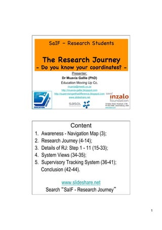 SaIF – Research Students


      The Research Journey
- Do you know your coordinates? -
                         Presenter:
                  Dr Muavia Gallie (PhD)
                  Education Moving Up Cc.
                           muavia@mweb.co.za
                    http://muavia-gallie.blogspot.com
            http://supervisingwithadifference.blogspot.com
                            www.slideshare.net

                                                             33 Baker Street, Rosebank, 2196
                                                             PO Box 5486, Johannesburg, 2000
                                                             www.sasol.com




                          Content
1.    Awareness - Navigation Map (3);
2.    Research Journey (4-14);
3.    Details of RJ: Step 1 - 11 (15-33);
4.    System Views (34-35);
5.    Supervisory Tracking System (36-41);
      Conclusion (42-44).

              www.slideshare.net
        Search SaIF - Research Journey


                                                                                               1
 
