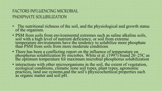 FACTORS INFLUENCING MICROBIAL
PHOSPHATE SOLUBILIZATION
• The nutritional richness of the soil, and the physiological and growth status
of the organism.
• PSM from soils from environmental extremes such as saline alkaline soils,
soil with a high level of nutrient deficiency, or soil from extreme
temperature environments have the tendency to solubilize more phosphate
than PSM from soils from more moderate conditions
• There has been a conflicting report on the influence of temperature on
phosphorus solubilization by microbes. White et al. (1997) found 20–25C as
the optimum temperature for maximum microbial phosphorus solubilization
• interactions with other microorganisms in the soil, the extent of vegetation,
ecological conditions, climatic zone soil types, plant types, agronomic
practices, land use systems,and the soil’s physicochemical properties such
as organic matter and soil pH.
 